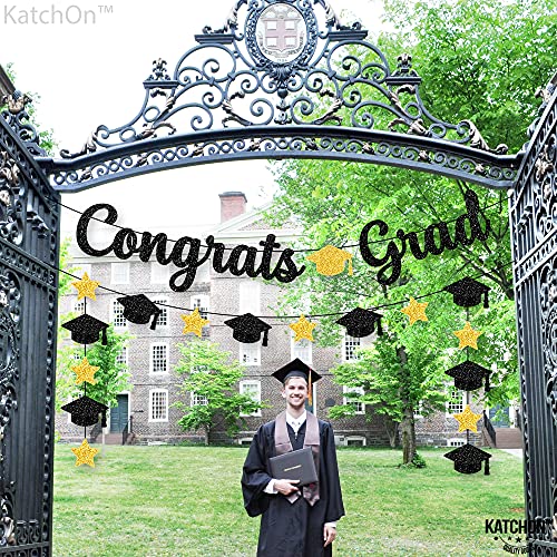 Congrats Grad Banner, Black Glitter - 10 Feet and Cap Garland, No DIY | Graduation Banner, College Graduation Decorations | Black and Gold Graduation Party Decorations 2023 | Congratulations Banner