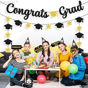 Congrats Grad Banner, Black Glitter - 10 Feet and Cap Garland, No DIY | Graduation Banner, College Graduation Decorations | Black and Gold Graduation Party Decorations 2023 | Congratulations Banner