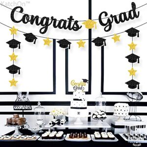 Congrats Grad Banner, Black Glitter - 10 Feet and Cap Garland, No DIY | Graduation Banner, College Graduation Decorations | Black and Gold Graduation Party Decorations 2023 | Congratulations Banner