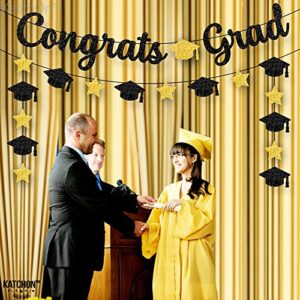 Congrats Grad Banner, Black Glitter - 10 Feet and Cap Garland, No DIY | Graduation Banner, College Graduation Decorations | Black and Gold Graduation Party Decorations 2023 | Congratulations Banner