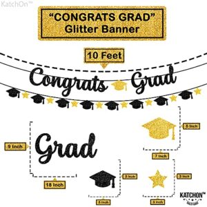 Congrats Grad Banner, Black Glitter - 10 Feet and Cap Garland, No DIY | Graduation Banner, College Graduation Decorations | Black and Gold Graduation Party Decorations 2023 | Congratulations Banner