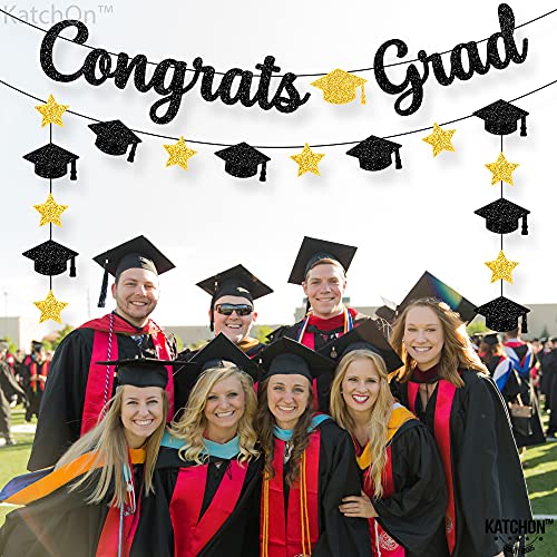 Congrats Grad Banner, Black Glitter - 10 Feet and Cap Garland, No DIY | Graduation Banner, College Graduation Decorations | Black and Gold Graduation Party Decorations 2023 | Congratulations Banner