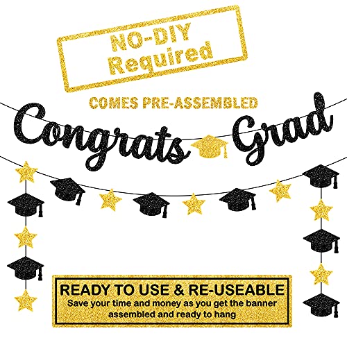 Congrats Grad Banner, Black Glitter - 10 Feet and Cap Garland, No DIY | Graduation Banner, College Graduation Decorations | Black and Gold Graduation Party Decorations 2023 | Congratulations Banner