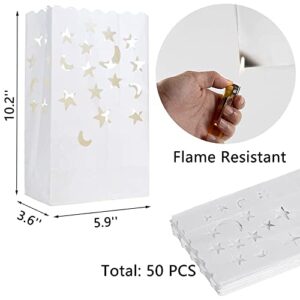 Stmarry 50 pcs White Luminary Candle Bags Special Lantern Luminary Bag with Stars Moon Durable and Reusable Fire-Retardant Material for Wedding Valentine's Day Decor Engagement Event Marriage Proposal