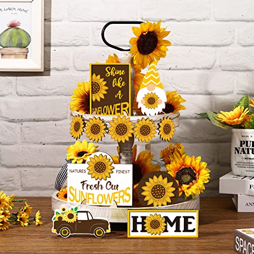 Sunflower Tiered Tray Decor Summer Farmhouse Mini Wood Signs House Shaped Table DecorSunflower Decor for Party Home Kitchen Holiday (Sunflower, 12 Pcs)