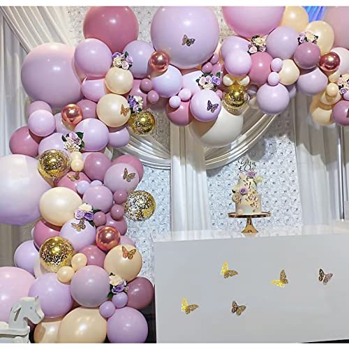 Pateeha Pink Purple Balloon Garland Kit 145 Pcs butterfly balloon arch Metallic Rose Gold Confetti Double Stuffed Balloons for Birthday Bridal Shower Baby Shower Decorations for Girl