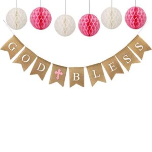 baptism decorations for girls with 6pcs paper honeycombs, baptism banner confirmation communion decorations