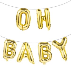 baby balloons baby shower & pregnancy decorations – 16″ oh baby(gold, silver, rose gold), balloon letters with blow up straw & 30 feet of hanging ribbon – 6 letter balloons (gold) (gold)