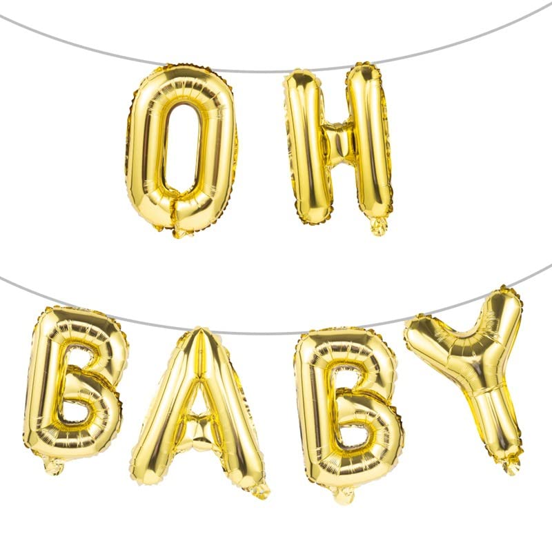 Baby Balloons Baby Shower & Pregnancy Decorations - 16" OH BABY(Gold, Silver, Rose Gold), Balloon Letters with Blow Up Straw & 30 Feet of Hanging Ribbon – 6 Letter Balloons (Gold) (gold)