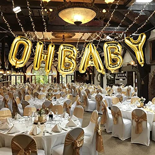 Baby Balloons Baby Shower & Pregnancy Decorations - 16" OH BABY(Gold, Silver, Rose Gold), Balloon Letters with Blow Up Straw & 30 Feet of Hanging Ribbon – 6 Letter Balloons (Gold) (gold)