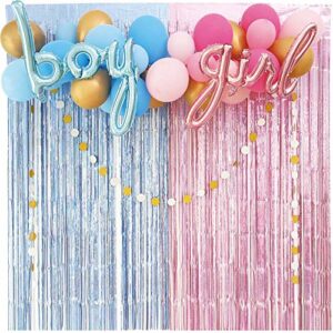 gender reveal kit, gender reveal party supplies, gender reveal decorations, blue and pink balloons arch & garland kit, metallic fringe curtains party decorations, boy or girl gender reveal ideas