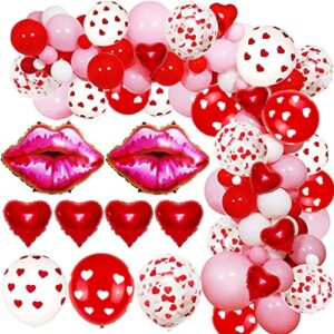 valentines day balloon garland arch kit, 113pcs white pink red balloons red heart confetti balloons with red heart lip mylar foil balloons for valentines day proposal engagement wedding party decorations