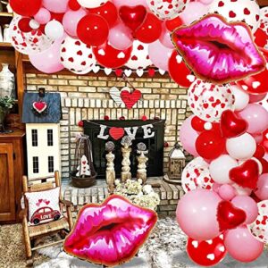 Valentines Day Balloon Garland Arch Kit, 113Pcs White Pink Red Balloons Red Heart Confetti Balloons with Red Heart Lip Mylar Foil Balloons for Valentines Day Proposal Engagement Wedding Party Decorations