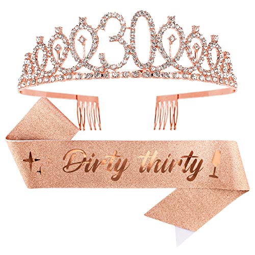 30th Birthday Sash & Rhinestone Tiara Kit- "Dirty thirty" Happy 30th Birthday Decorations for Women 30th Birthday Gifts Party Decorations(rose gold)