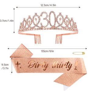 30th Birthday Sash & Rhinestone Tiara Kit- "Dirty thirty" Happy 30th Birthday Decorations for Women 30th Birthday Gifts Party Decorations(rose gold)