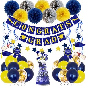 graduation decorations, 2023 grad party supplies blue yellow congrats grad banner hanging swirls tissue pom poms cupcake toppers party balloons for school celebration grad photo booth props