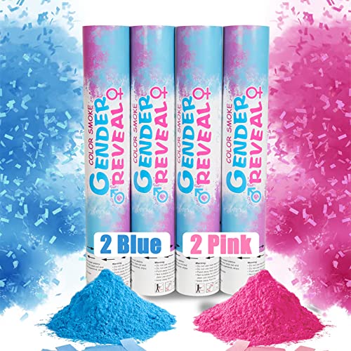 PFXNJDEQ Gender Reveal Confetti Powder Cannon, 2 Blue and 2 Pink, 12 Inch, 100% Biodegradable Powder and Confetti, Gender Reveal Decorations, Gender Reveal Party Game Ideas (Blue and Pink)