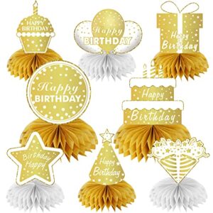gold white happy birthday decorations table centerpieces for women men, 8pcs white gold birthday honeycomb centerpieces party supplies, 10th 16th 21st 30th 40th 50th 60th bday table toppers sign decor