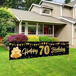 happy 70th birthday banner decorations for women men, black gold 70 birthday sign party supplies, funny 70 year old theme birthday party backdrop decor for indoor outdoor