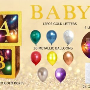 Serene Roses Royal Gold Baby Baby Shower Decorations: 36 Metallic Balloons, 4 Embossed Gold Boxes with 3x4 BABY Letters, 4 LED LIGHTS INCLUDED. Elegant Decoration for Your Little Prince or Princess