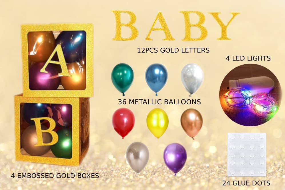 Serene Roses Royal Gold Baby Baby Shower Decorations: 36 Metallic Balloons, 4 Embossed Gold Boxes with 3x4 BABY Letters, 4 LED LIGHTS INCLUDED. Elegant Decoration for Your Little Prince or Princess