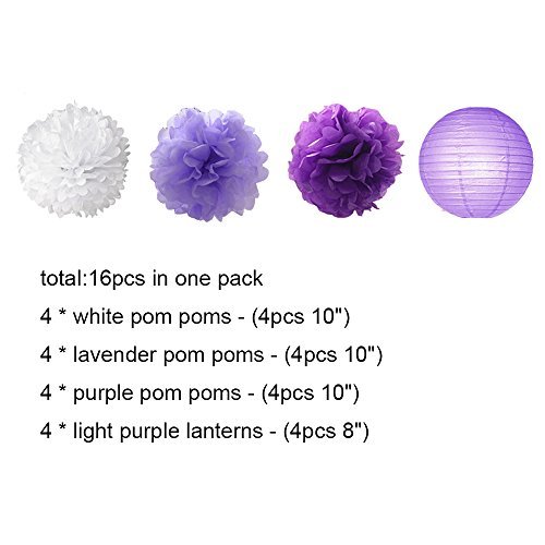 16pcs Tissue Paper Flowers Ball Pom Poms Mixed Paper Lanterns Craft Kit for Lavender Purple Themed Birthday Party Decor Baby Shower Decor Bridal Shower Decor Wedding Party Decorations