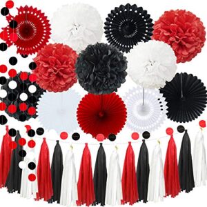 InBy 29pcs Red Black White Mickey Minnie Mouse Ladybug Birthday Wedding Baby Shower Bachelorette Party Decoration Kit - 12" 10" Tissue Paper Pom Pom, Tassel Garland, Circle Dot Garland, Paper Fan