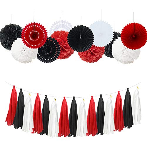 InBy 29pcs Red Black White Mickey Minnie Mouse Ladybug Birthday Wedding Baby Shower Bachelorette Party Decoration Kit - 12" 10" Tissue Paper Pom Pom, Tassel Garland, Circle Dot Garland, Paper Fan