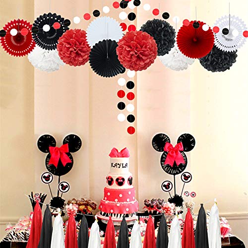 InBy 29pcs Red Black White Mickey Minnie Mouse Ladybug Birthday Wedding Baby Shower Bachelorette Party Decoration Kit - 12" 10" Tissue Paper Pom Pom, Tassel Garland, Circle Dot Garland, Paper Fan