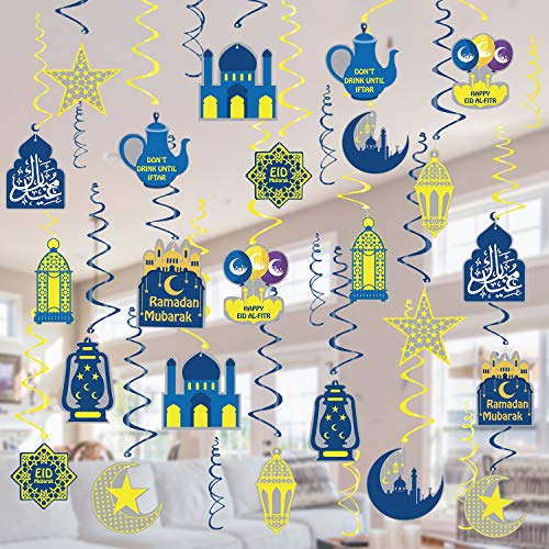 Tifeson Ramadan Mubarak Decorations Hanging Swirls - 36 Pcs Eid Mubarak Ceiling Foil Swirls for Eid Al-fitr Party Decorations Supplies