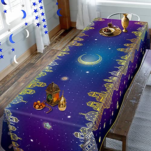 9x5Ft Ramadan Table Cloth EID Table Cover for Islamic Wedding Birthday Home Decorations Crescent Moon Star Lantern Starry Night Sky Tablecloths Tablecover for Table Decoration Islamic Party Supplies