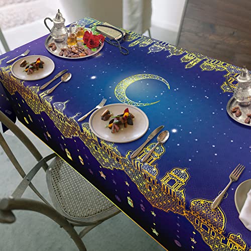 9x5Ft Ramadan Table Cloth EID Table Cover for Islamic Wedding Birthday Home Decorations Crescent Moon Star Lantern Starry Night Sky Tablecloths Tablecover for Table Decoration Islamic Party Supplies