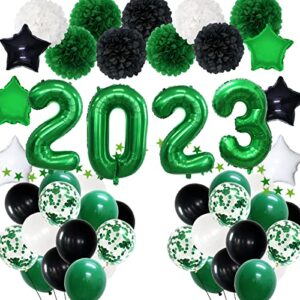 meiwutie graduation party decorations 2023 green and black, new year eve party supplies green and black flower pom poms latex fiol balloons 2023 banner for graduation decorations birthday anniversary