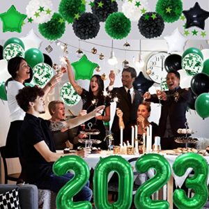 MEIWUTIE Graduation Party Decorations 2023 Green and Black, New Year Eve Party Supplies Green and Black Flower Pom Poms Latex Fiol Balloons 2023 Banner for Graduation Decorations Birthday Anniversary