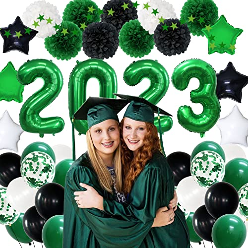 MEIWUTIE Graduation Party Decorations 2023 Green and Black, New Year Eve Party Supplies Green and Black Flower Pom Poms Latex Fiol Balloons 2023 Banner for Graduation Decorations Birthday Anniversary