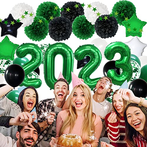 MEIWUTIE Graduation Party Decorations 2023 Green and Black, New Year Eve Party Supplies Green and Black Flower Pom Poms Latex Fiol Balloons 2023 Banner for Graduation Decorations Birthday Anniversary