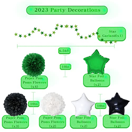 MEIWUTIE Graduation Party Decorations 2023 Green and Black, New Year Eve Party Supplies Green and Black Flower Pom Poms Latex Fiol Balloons 2023 Banner for Graduation Decorations Birthday Anniversary