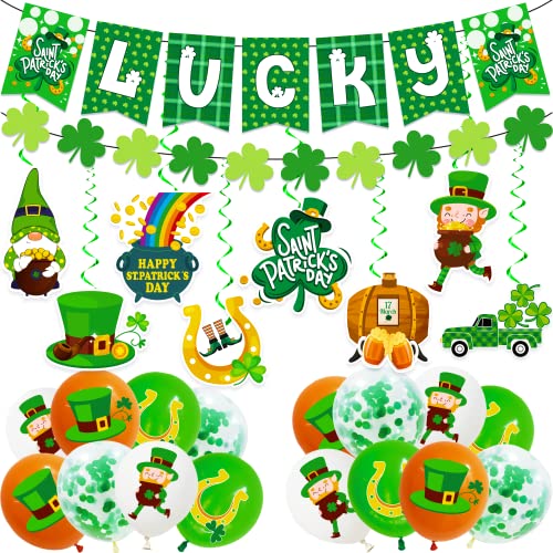 St.Patrick's Day Party Supplies,Irish Saint Patricks Day Party Decorations, Balloons,Hanging swirls Table Cover Tablecloth St Patty's Day Decor Shamrock Clover Accessories Gnome Leprechaun