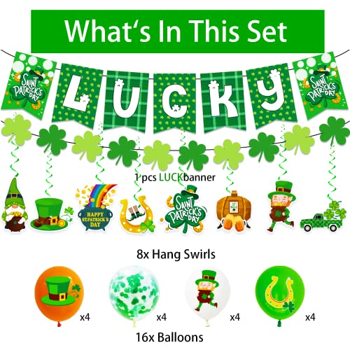 St.Patrick's Day Party Supplies,Irish Saint Patricks Day Party Decorations, Balloons,Hanging swirls Table Cover Tablecloth St Patty's Day Decor Shamrock Clover Accessories Gnome Leprechaun