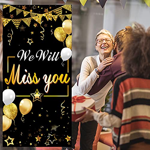 Luxiocio We Will Miss You Door Banner Backdrop Decorations, Going Away Party Farewell Party Door Cover Supplies, Black Gold Happy Retirement Party Décor for Coworker