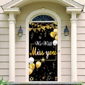 Luxiocio We Will Miss You Door Banner Backdrop Decorations, Going Away Party Farewell Party Door Cover Supplies, Black Gold Happy Retirement Party Décor for Coworker