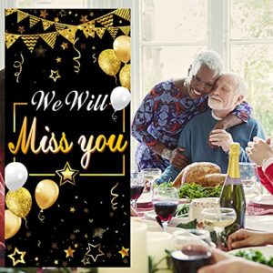 Luxiocio We Will Miss You Door Banner Backdrop Decorations, Going Away Party Farewell Party Door Cover Supplies, Black Gold Happy Retirement Party Décor for Coworker