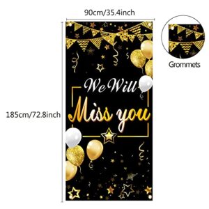 Luxiocio We Will Miss You Door Banner Backdrop Decorations, Going Away Party Farewell Party Door Cover Supplies, Black Gold Happy Retirement Party Décor for Coworker