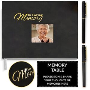 classic funeral guest book for memorial service, set 4 pcs for memorial service, pu golden embossed cover, table display sign, and 2 black gold gel pen and 42 sheets (84 pages).