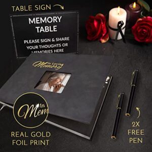 Classic Funeral Guest Book for Memorial Service, Set 4 pcs for Memorial Service, PU Golden Embossed Cover, Table Display Sign, and 2 Black Gold Gel Pen and 42 Sheets (84 Pages).