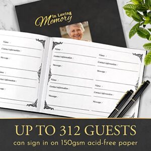 Classic Funeral Guest Book for Memorial Service, Set 4 pcs for Memorial Service, PU Golden Embossed Cover, Table Display Sign, and 2 Black Gold Gel Pen and 42 Sheets (84 Pages).