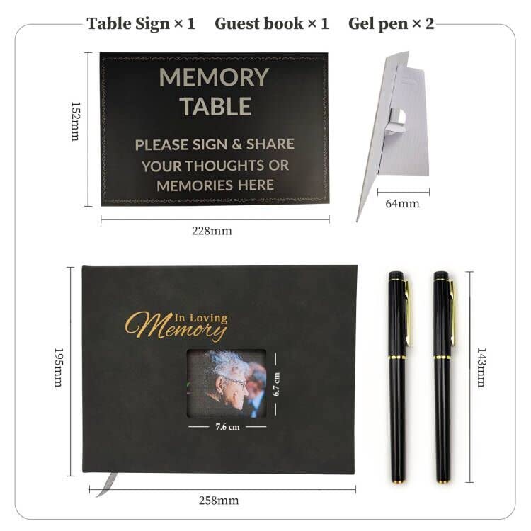 Classic Funeral Guest Book for Memorial Service, Set 4 pcs for Memorial Service, PU Golden Embossed Cover, Table Display Sign, and 2 Black Gold Gel Pen and 42 Sheets (84 Pages).