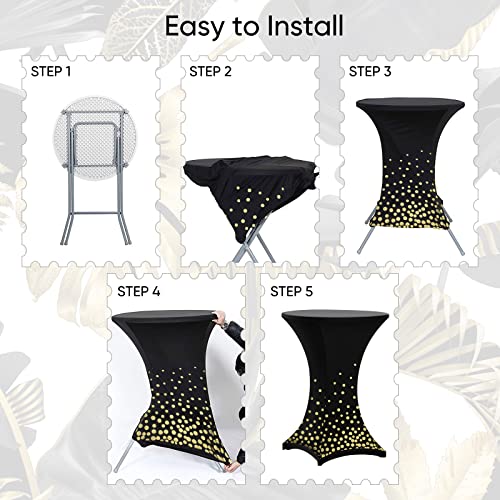 Cocktail Table Covers Highboy Cocktail Table Spandex Covers Gold Dot for Happy New Year, 32 x 43 in Fitted Stretch Cocktail Tablecloth for Round Tables for Wedding, Banquet and Party (Black, 4 Pcs)