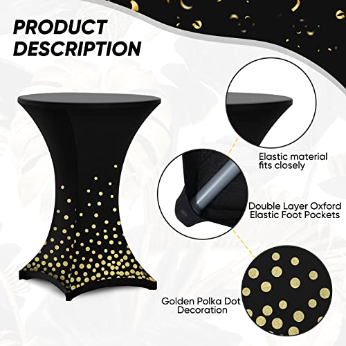 Cocktail Table Covers Highboy Cocktail Table Spandex Covers Gold Dot for Happy New Year, 32 x 43 in Fitted Stretch Cocktail Tablecloth for Round Tables for Wedding, Banquet and Party (Black, 4 Pcs)