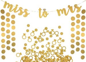 miss to mrs banner, garland & confetti set – bachelorette, engagement or wedding party decorations – sparkly rose gold banner, circle garland & super fun diamond ring & circle confetti (gold)